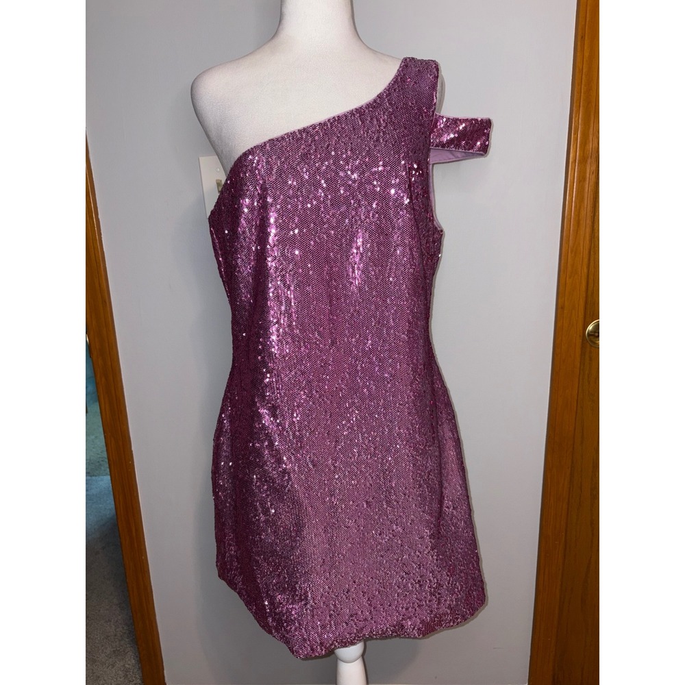 Likely Sequin Toscano mini dress One Shoulder Cutout Strap prom Barbiecore Sz 14 - Picture 2 of 11